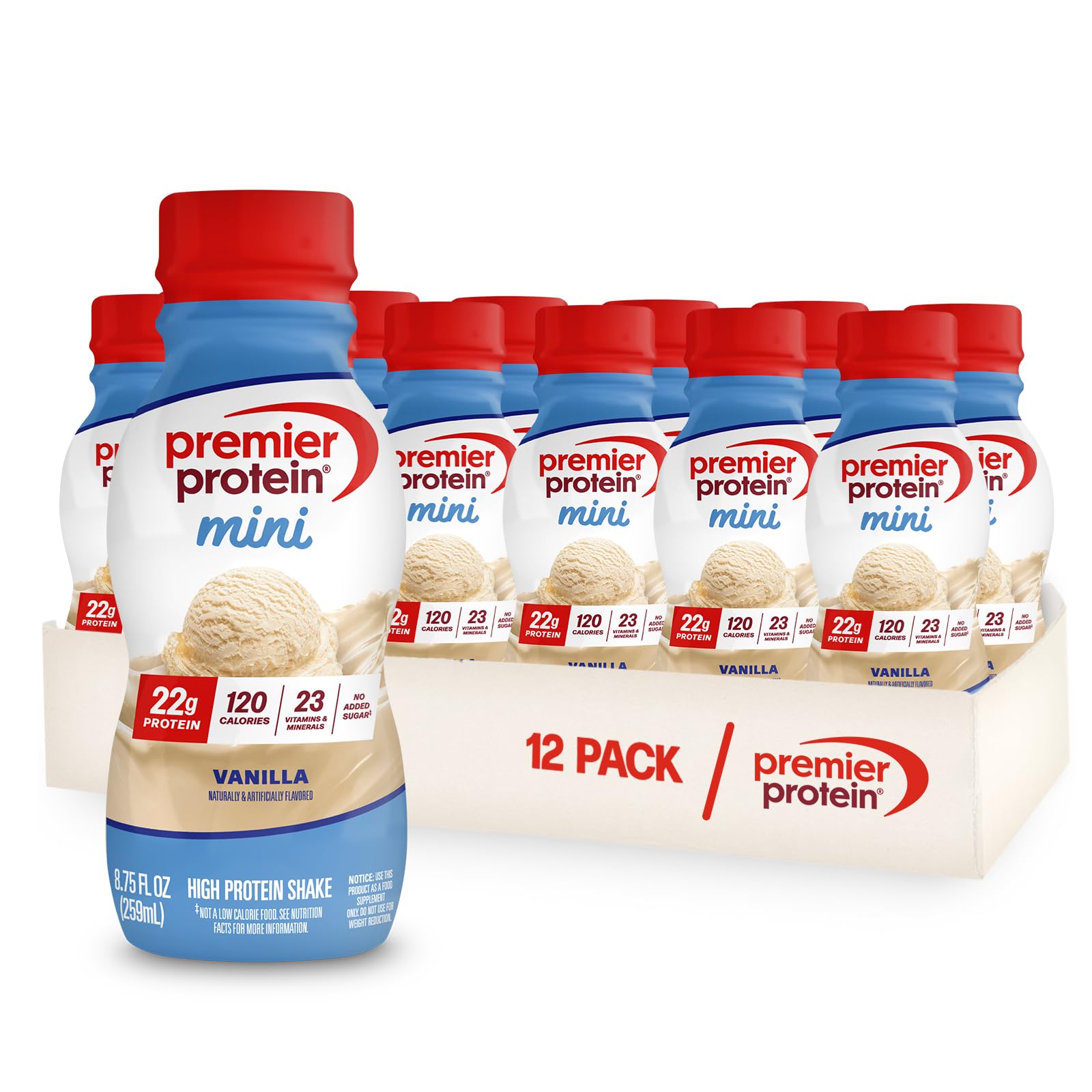 Premier Protein botella frente con diseño y fácil transporte
