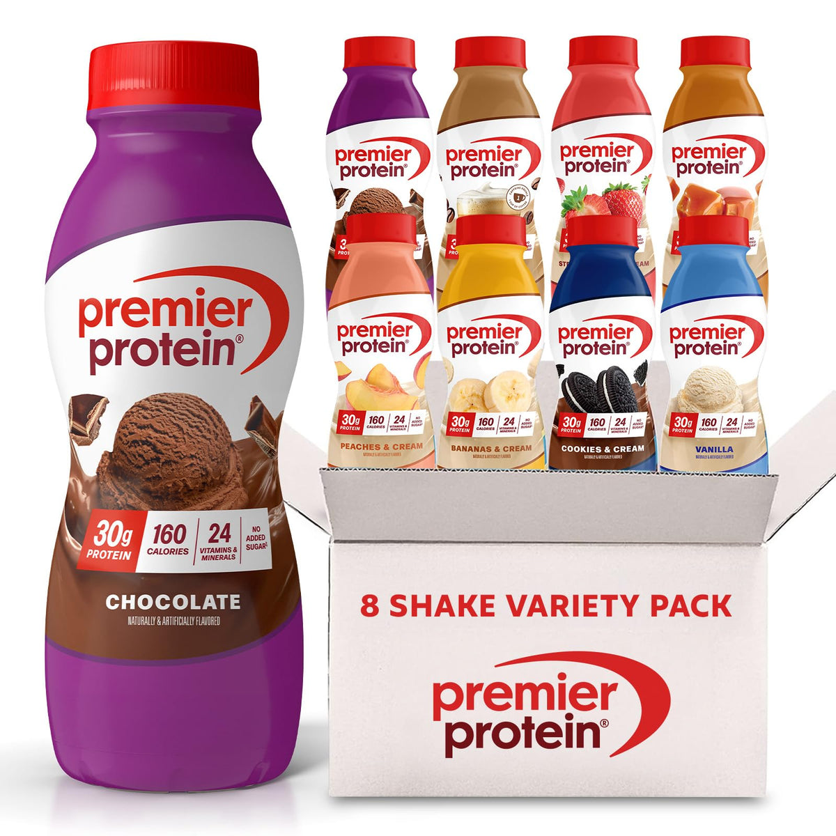 Premier Protein pack frontal mostrando los 8 sabores y conveniencia