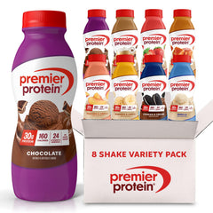 Premier Protein pack frontal mostrando los 8 sabores y conveniencia