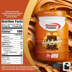 Pila de pancakes proteicos hechos con Premier Protein Salted Caramel como variante saludable