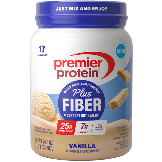 Premier Protein envase frontal vainilla mostrando 25 g proteína y beneficios