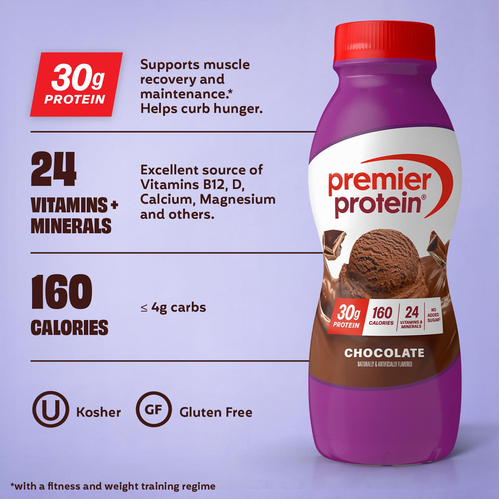 Premier Protein tamaño comparado con una mano para referencia portátil