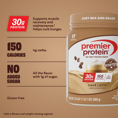Premier Protein polvo vista cercana que destaca textura fina y mezcla fácil