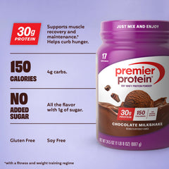 Premier Protein polvo cerca mostrando textura fina y mezcla fácil para preparar batidos
