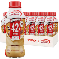 Premier Protein frontal del envase mostrando la marca y el sabor Café Latte, conveniencia inmediata