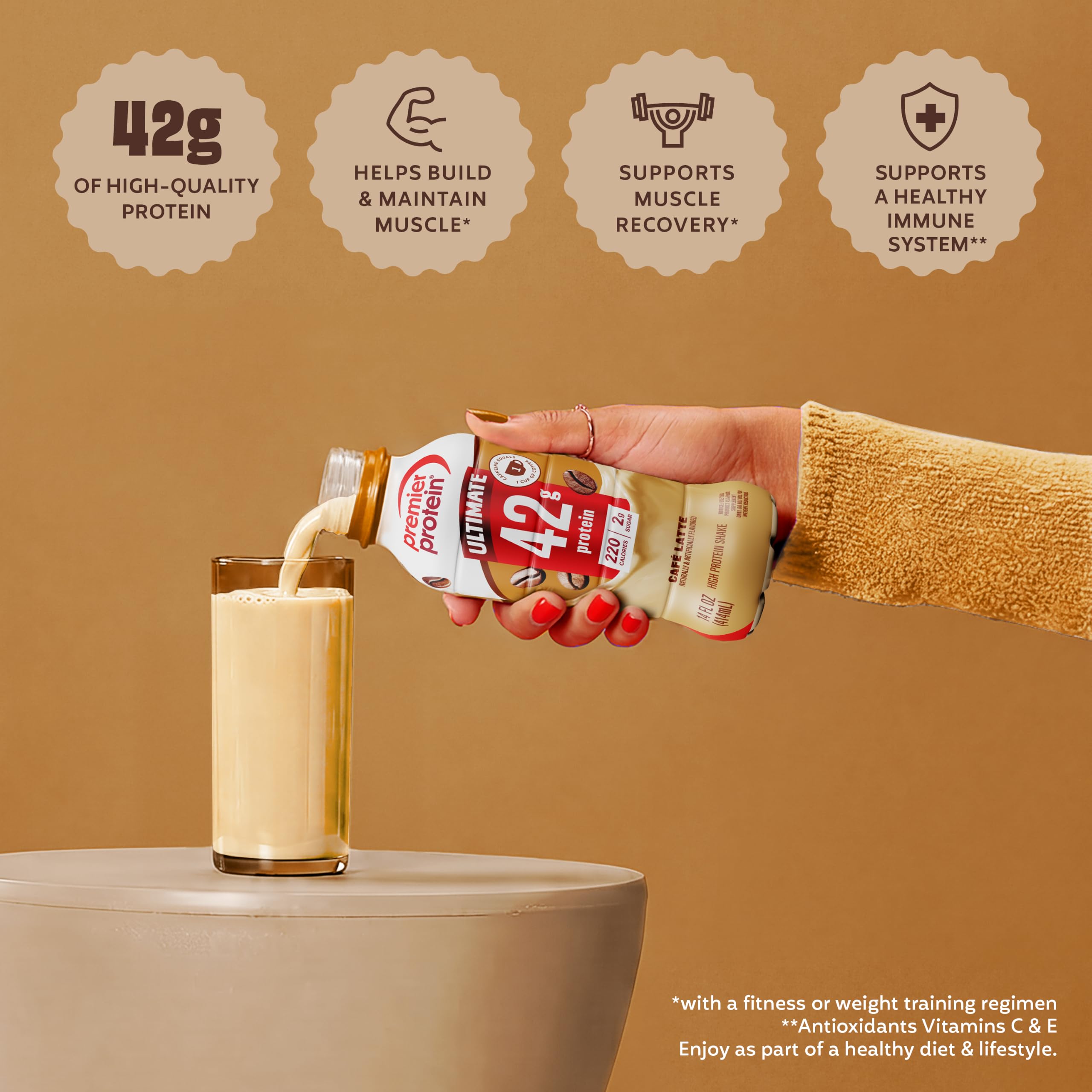 Premier Protein comparación de tamaño de la botella con una taza, útil para planificación