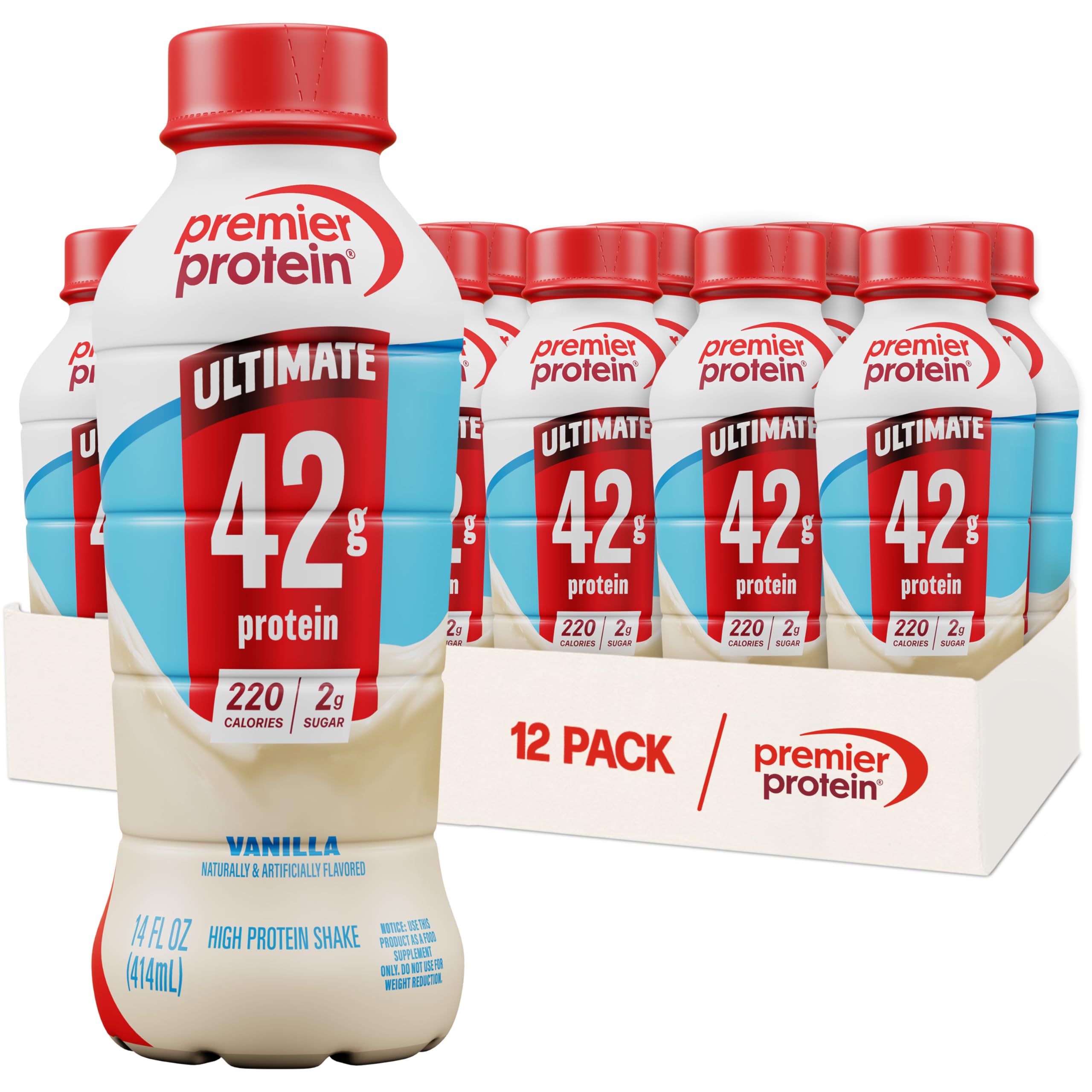 Premier Protein envase frontal mostrando sabor vainilla y conveniencia
