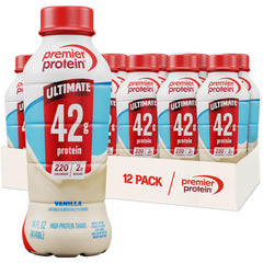 Premier Protein envase frontal mostrando sabor vainilla y conveniencia