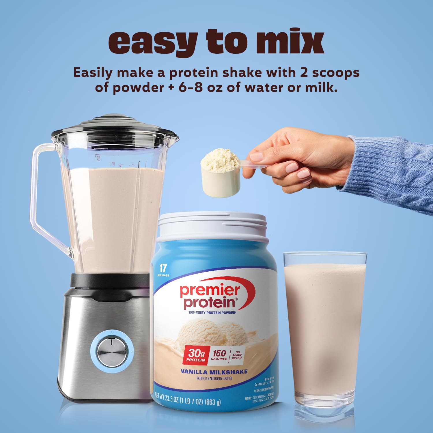 Premier Protein batido de vainilla servido en vaso, nutritivo y cremoso