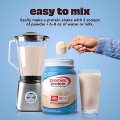 Premier Protein batido de vainilla servido en vaso, nutritivo y cremoso