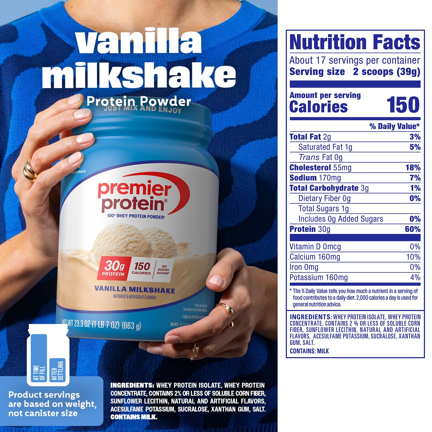 Premier Protein cucharada medidora junto al bote, porción precisa