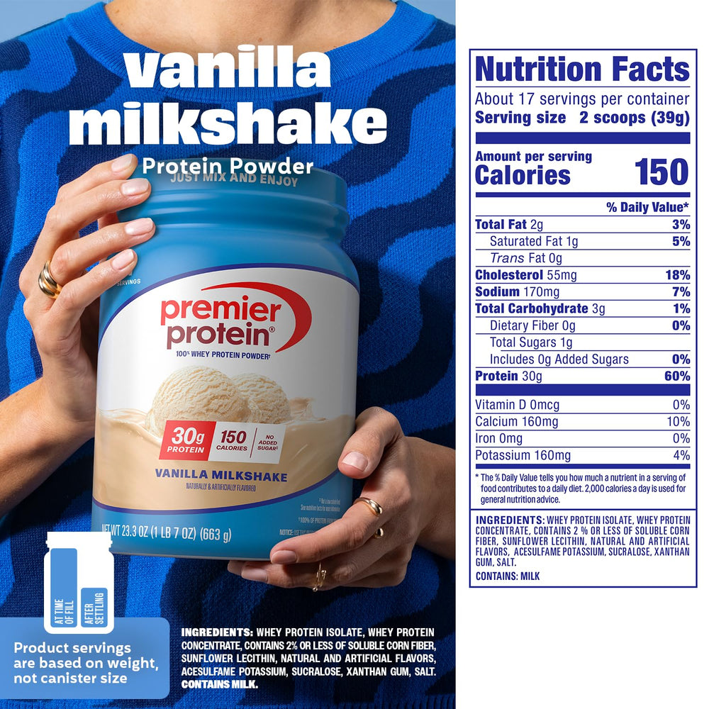 Premier Protein cucharada medidora junto al bote, porción precisa
