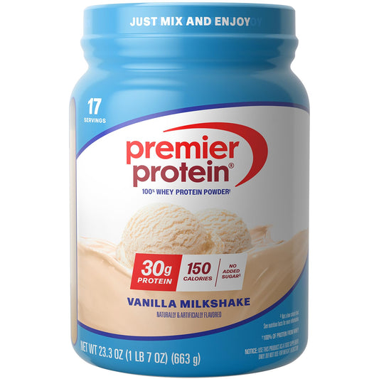 Premier Protein envase frontal mostrando 17 raciones y sabor vainilla
