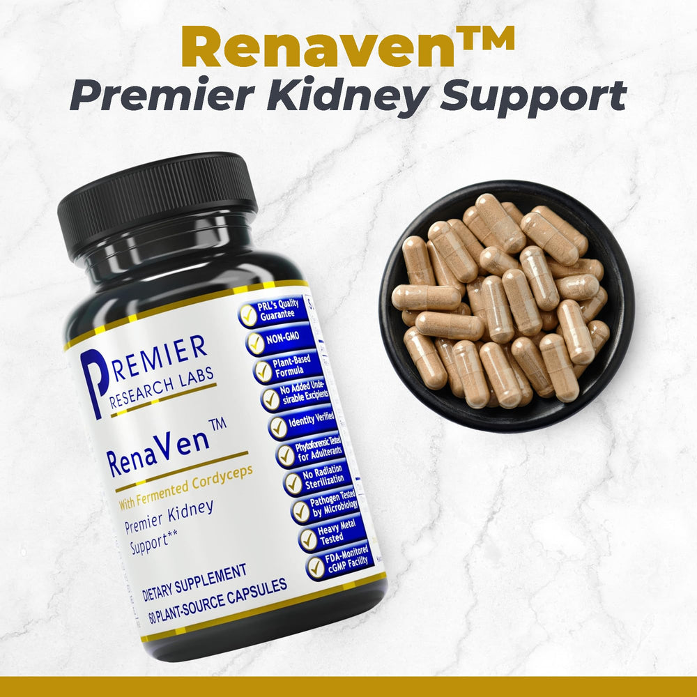 Premier Research Labs RenaVen primer plano de una cápsula vegetal que destaca textura y calidad