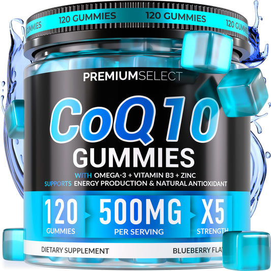 Premium Select Nutrition CoQ10 gomitas, vista frontal, apoyo diario para energía y bienestar