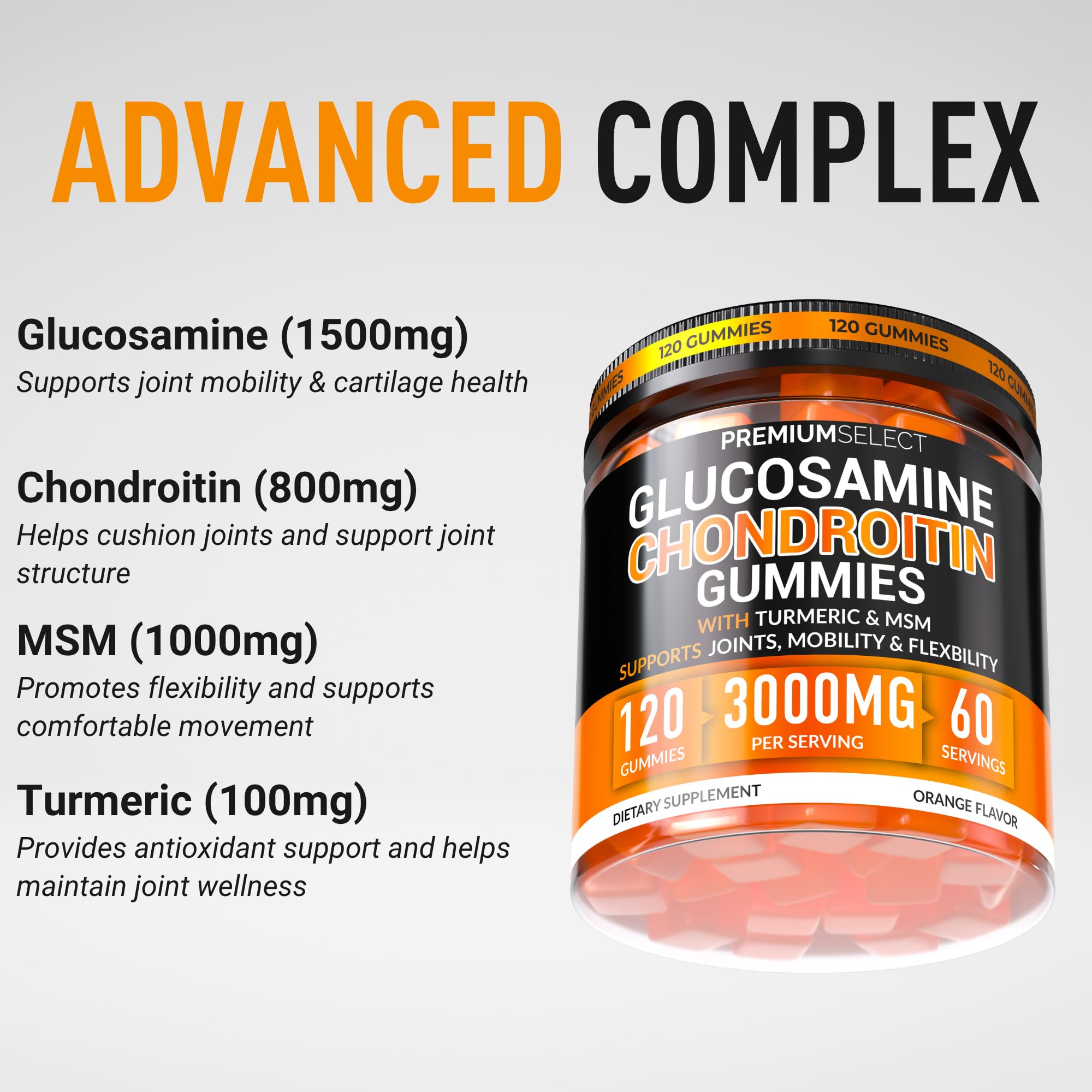 Premium Select Nutrition gomitas junto a una taza para dosis y control de porciones