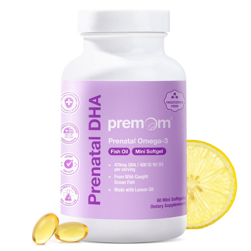 Premom frasco vista frontal mostrando etiqueta y beneficio prenatal