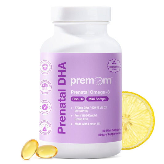 Premom frasco vista frontal mostrando etiqueta y beneficio prenatal