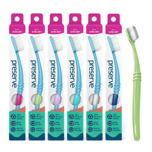 Preserve empaque frontal de seis cepillos ecológicos mostrando colores variados y beneficios