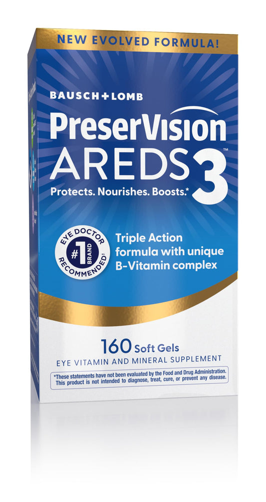 PreserVision AREDS3 frente del envase mostrando 160 softgels y confianza