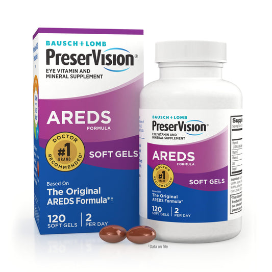 PreserVision frente del envase mostrando 120 softgels y beneficios claros