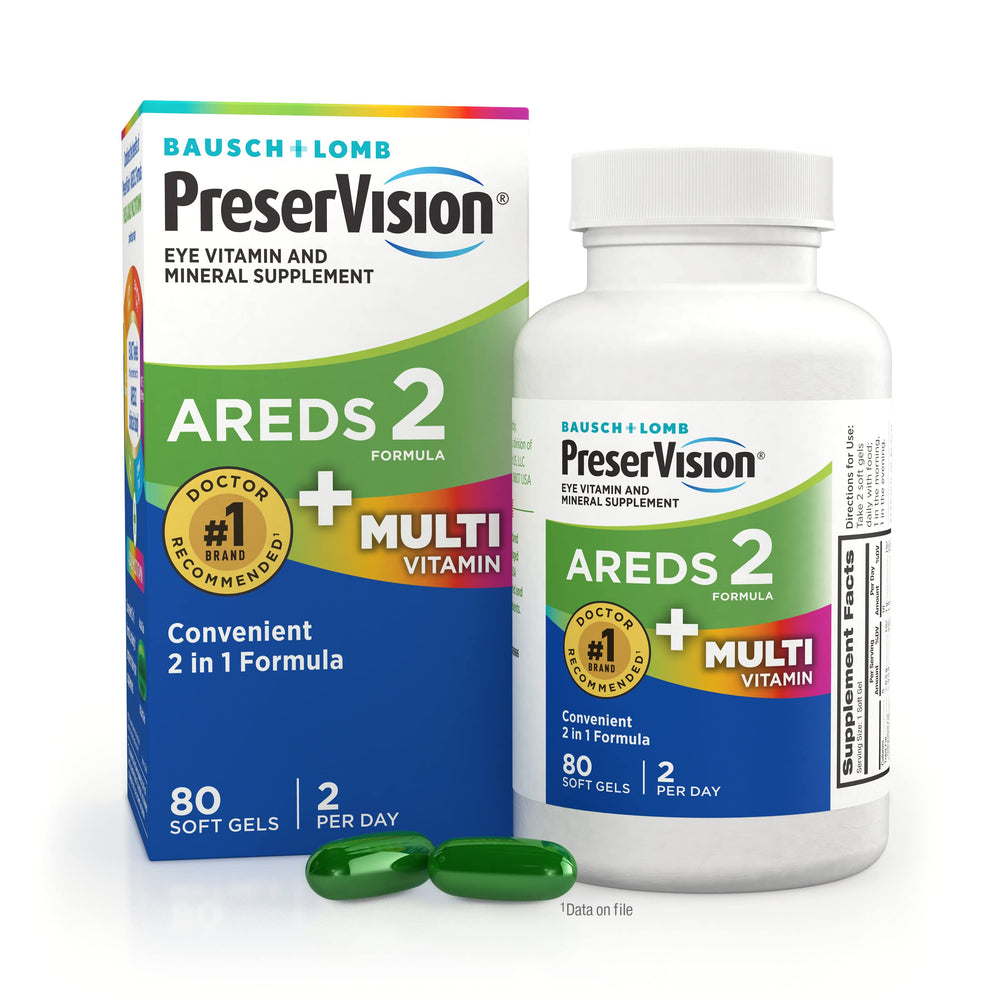 PreserVision envase frontal mostrando tamaño y cantidad de softgels, ayuda a identificar el producto