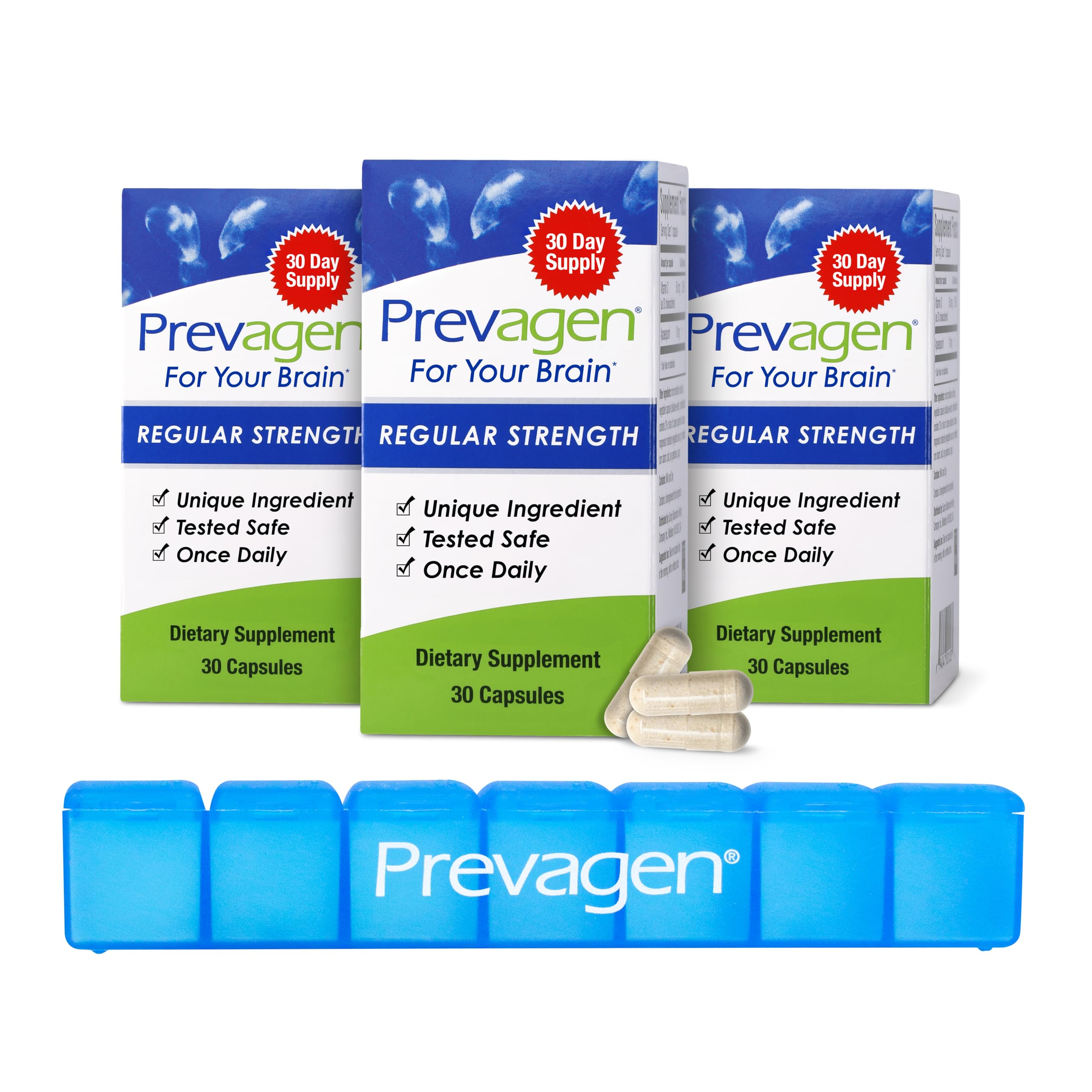 Prevagen frente del empaque mostrando la marca y beneficios visibles