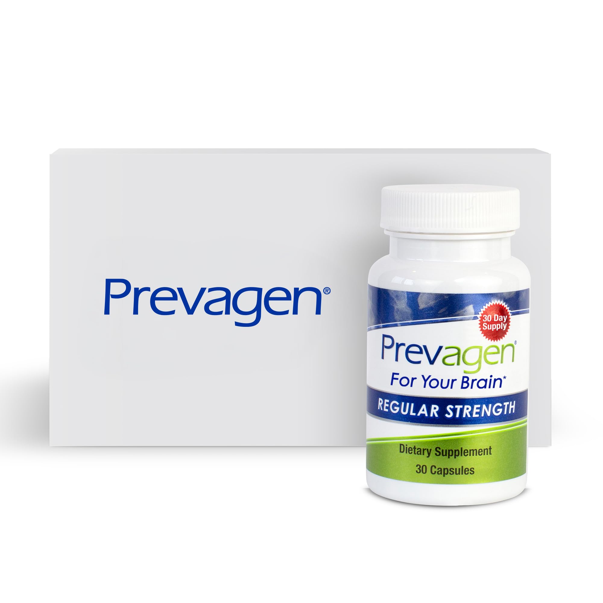 Prevagen vista frontal del empaque mostrando la caja y frasco, presentación práctica