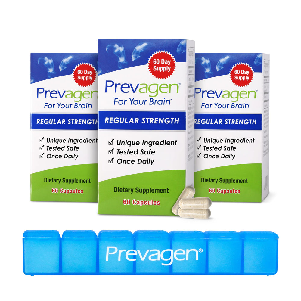 Prevagen frente del pack 3 mostrando frascos y organizador, facilidad de uso