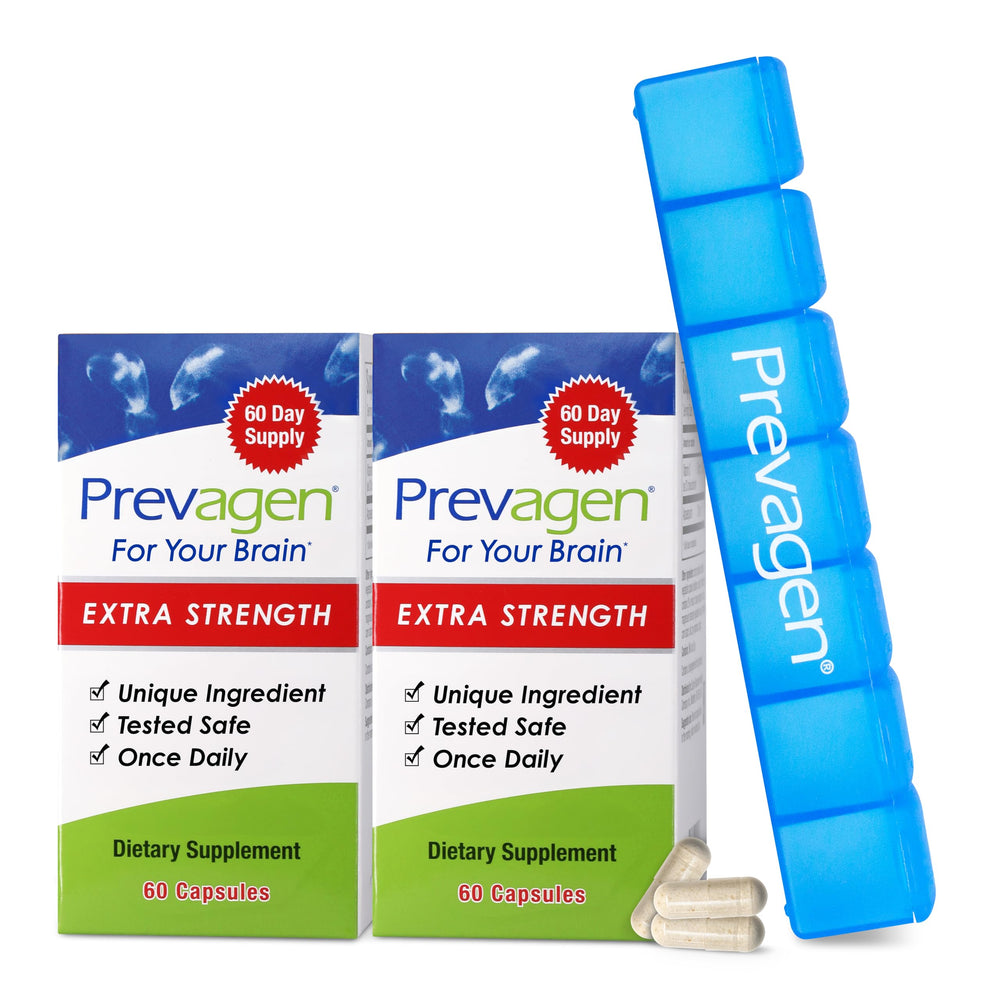 Prevagen frente del paquete mostrando frascos y pastillero, fácil identificación