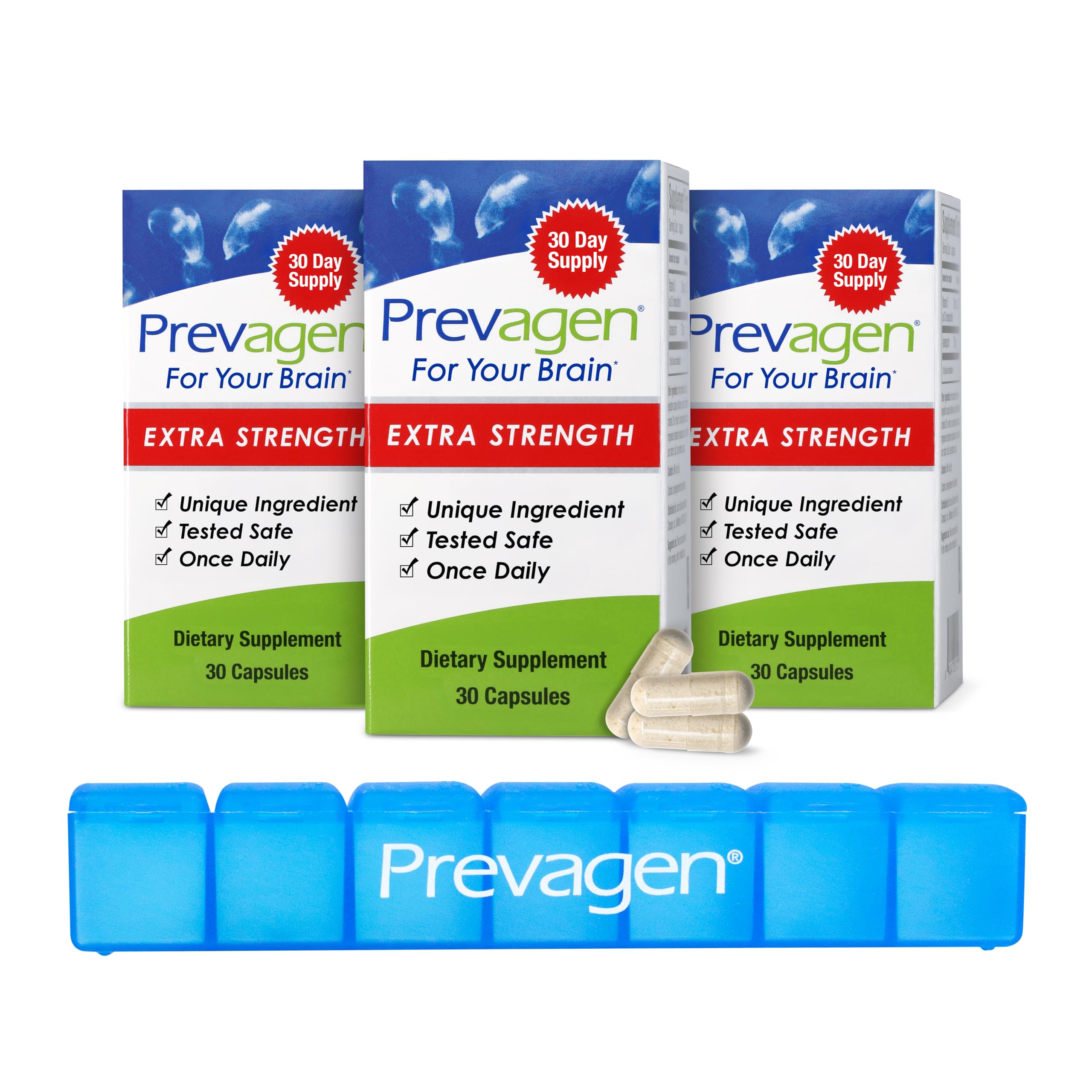 Prevagen frontal 3 pack mostrando envases y beneficio de suministro prolongado