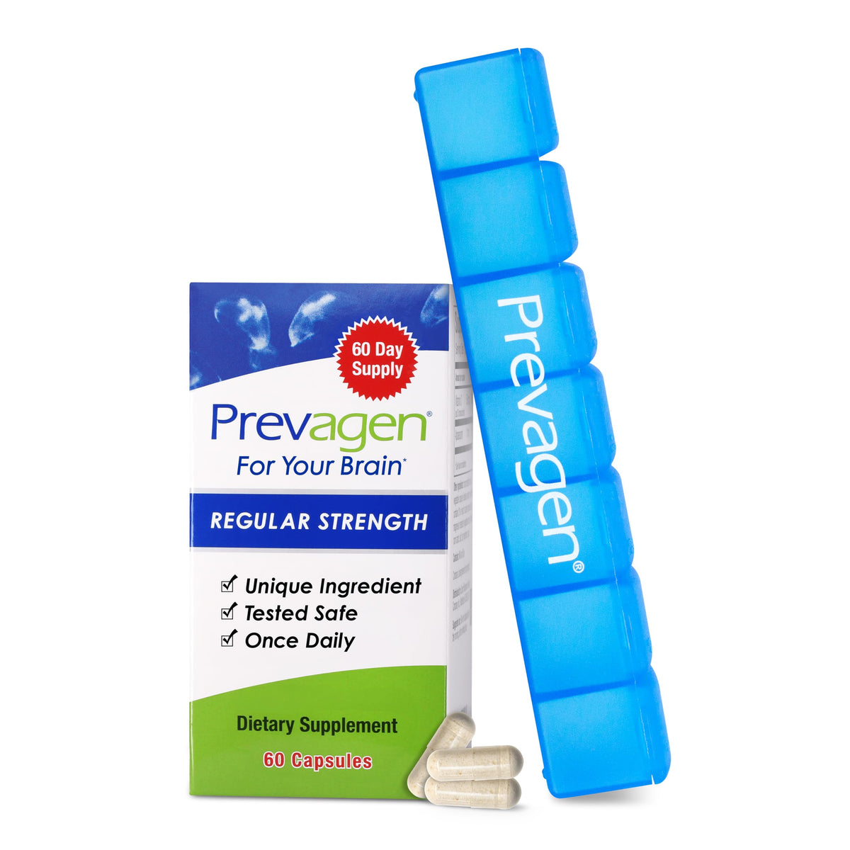 Prevagen envase frontal mostrando diseño y cantidad, claridad y confianza