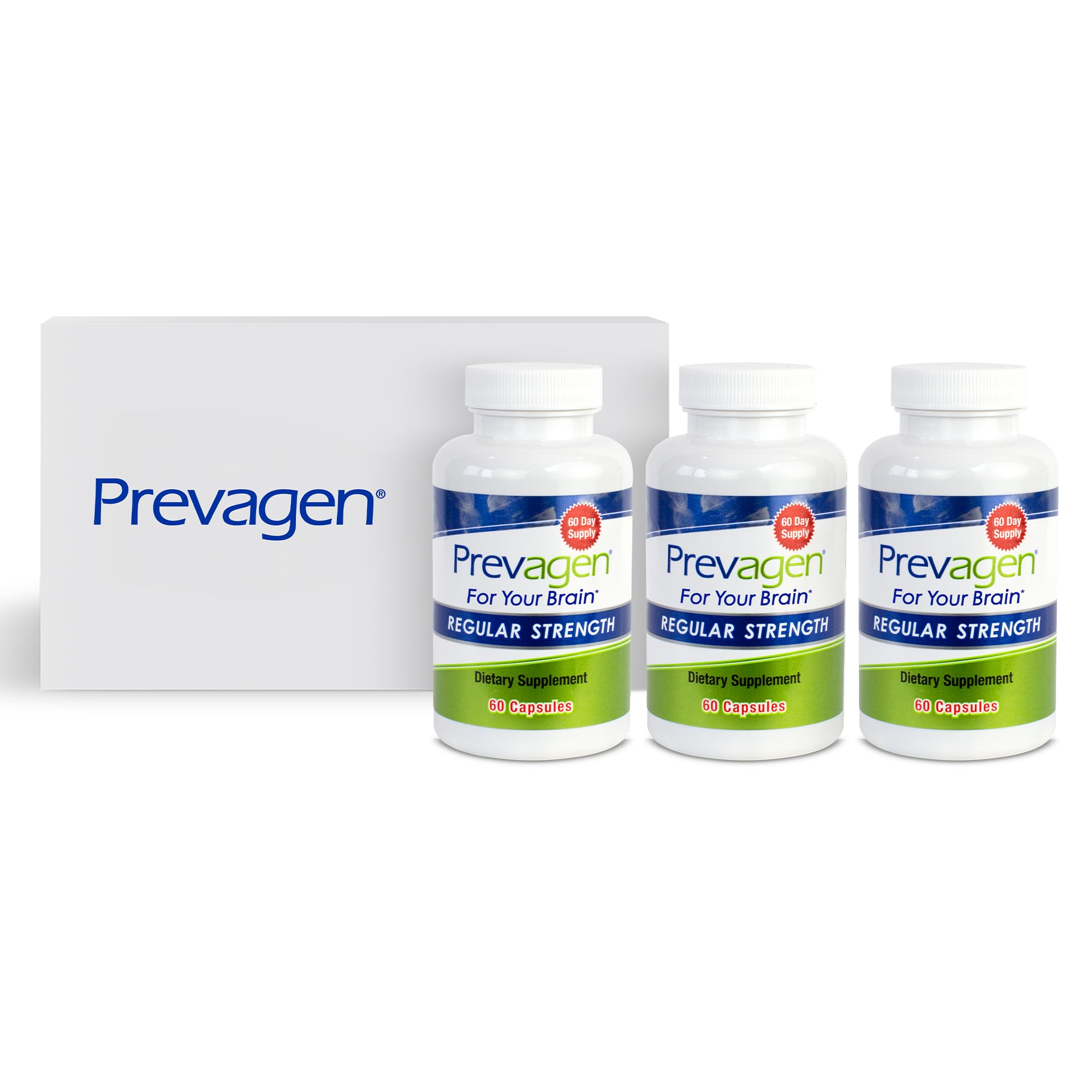 Prevagen frontal pack mostrando los tres frascos y caja que facilita almacenamiento