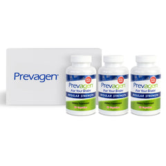 Prevagen frontal pack mostrando los tres frascos y caja que facilita almacenamiento