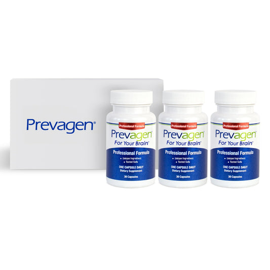 Prevagen frontal del paquete mostrando las tres botellas y caja, claridad y conveniencia