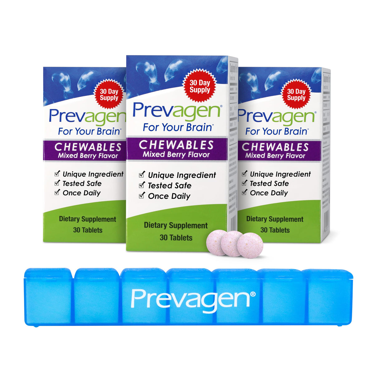 Prevagen frasco frontal mostrando diseño y sabor frutos rojos, facilita identificación rápida