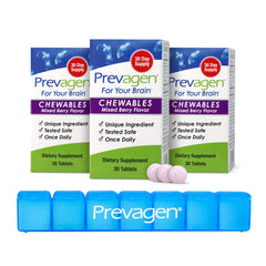 Prevagen frasco frontal mostrando diseño y sabor frutos rojos, facilita identificación rápida
