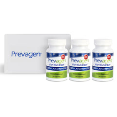 Prevagen vista frontal del empaquetado mostrando frasco y caja, facilita identificación del producto