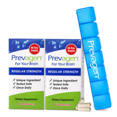 Prevagen paquete frontal mostrando frascos y pastillero, presentación práctica
