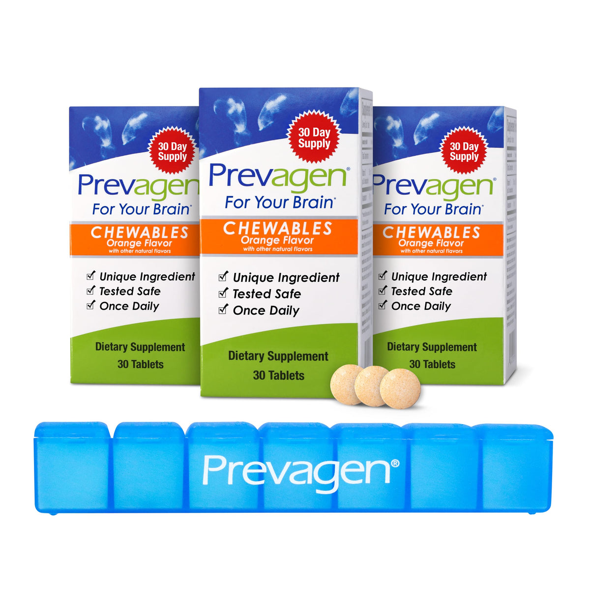 Prevagen masticables frente mostrando el envase y beneficio de organización