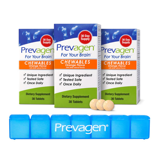 Prevagen masticables frente mostrando el envase y beneficio de organización