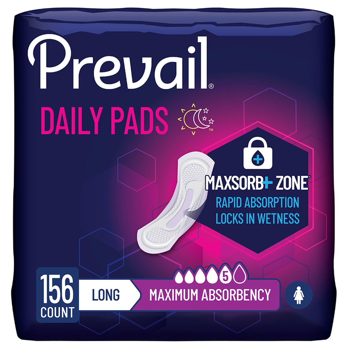 Prevail empaque frontal mostrando almohadillas y beneficio de absorción máxima