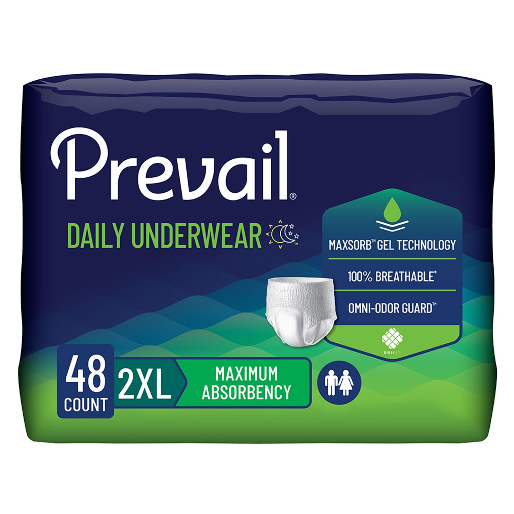 Prevail frente del empaque mostrando talla XX-Large y beneficio de máxima absorción