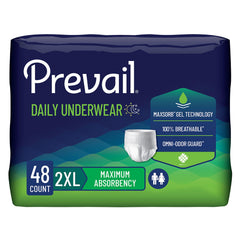 Prevail frente del empaque mostrando talla XX-Large y beneficio de máxima absorción