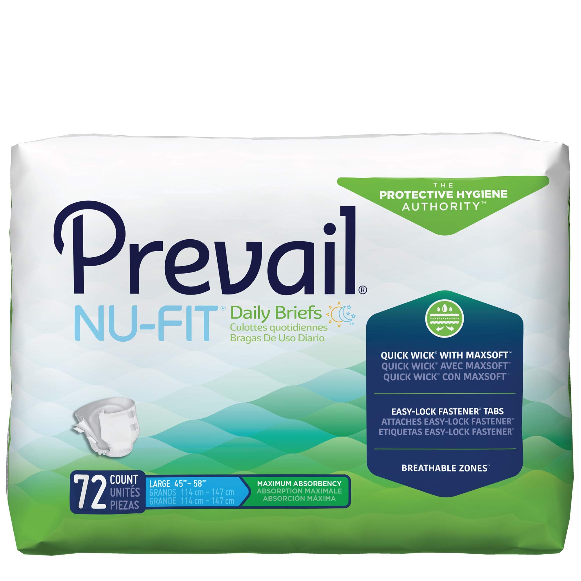Prevail Nu-Fit embalaje frontal mostrando cantidad y talla, conveniencia de compra