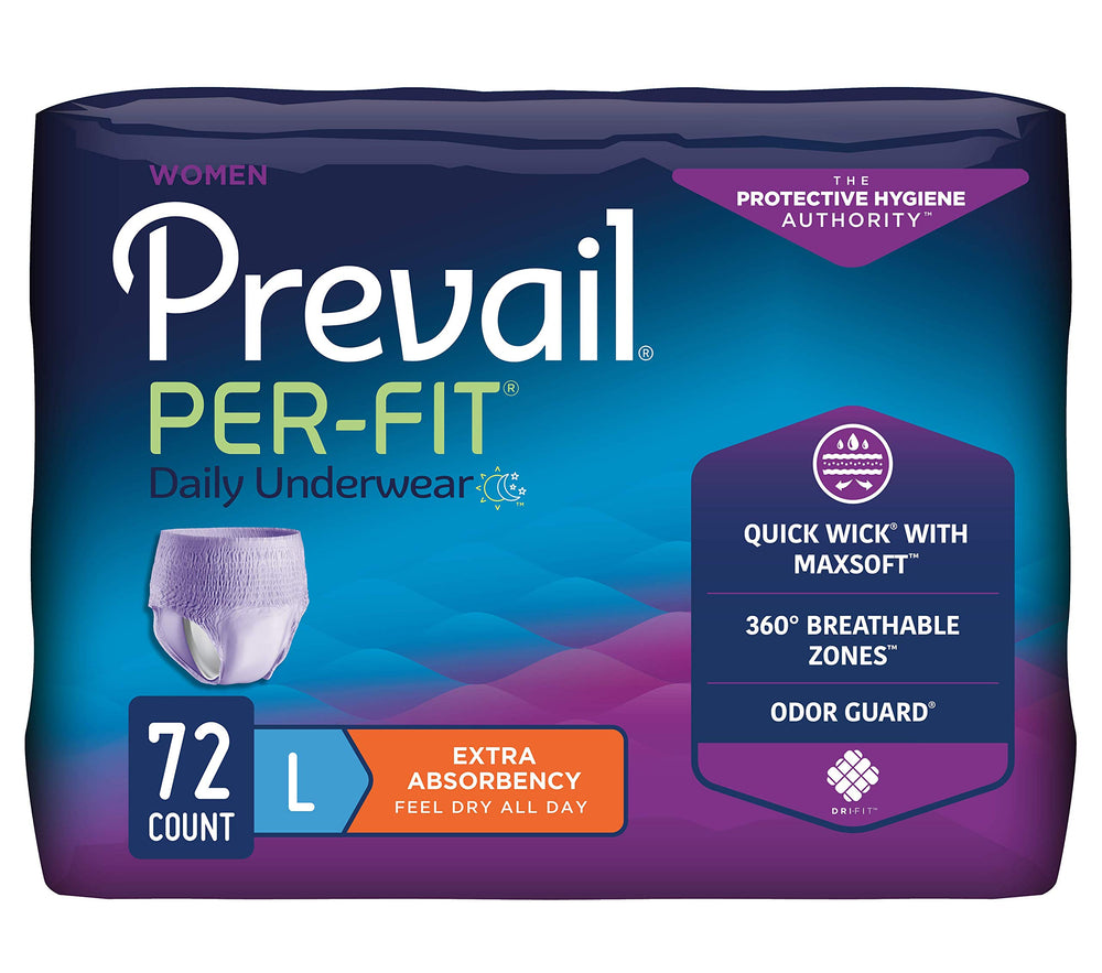 Prevail Per-Fit frontal del empaque mostrando cantidad y talla, ideal para compra informada