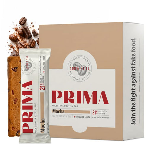 Prima Ancestral Protein Bar vista frontal del empaque muestra información clara