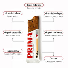Prima Ancestral Protein Bar corte que revela textura masticable y cacao