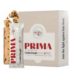 PRIMA vista frontal del empaque que muestra el sabor cookie dough y beneficios de proteínas