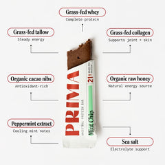 PRIMA barrita Mint Chip desenvuelta con textura que indica saciedad y proteína
